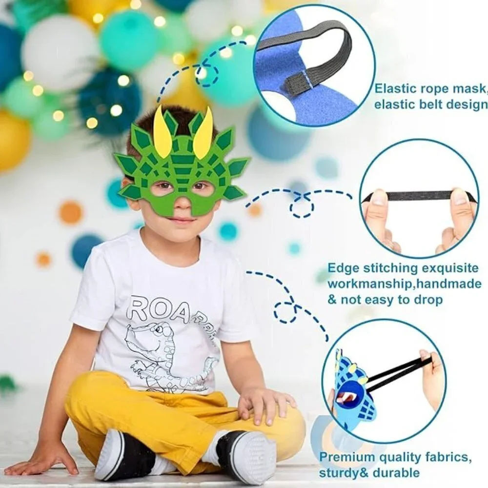 6 Packs Dinosaur Masks Felt and Elastic for Kids  - BIRTHDAY PARTY FUN! NEW